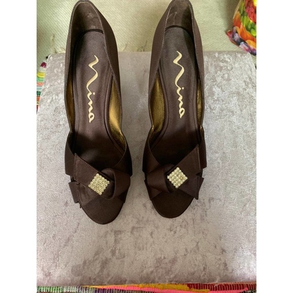 Nina Chocolate Brown Rhinestone Peep Toe Heels - Picture 2 of 12